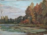 an oil painting of a lake surrounded by trees on a sunny day