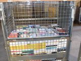 a cart that has many books on it in a warehouse