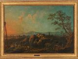 une image représentant un tableau représentant un paysage avec un homme à cheval
