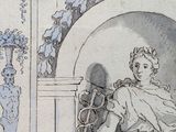 a drawing of a man holding a cane in a room