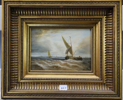 une peinture à l'huile représentant un voilier en pleine mer agitée, avec un autre voilier au premier plan