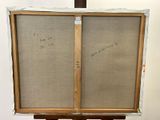 an image of a painting on a easel with a piece of paper taped to it