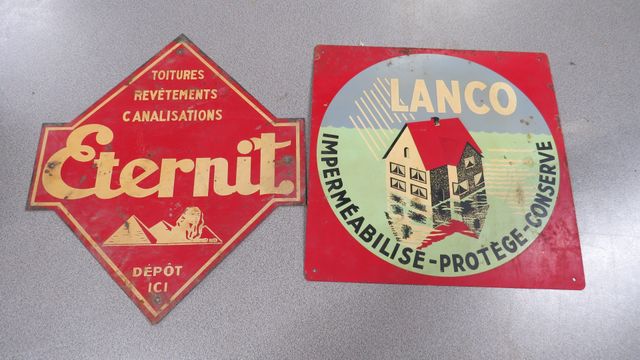 Deux plaques publicitaires en tôle peinte : « LANCO imperméabilis
