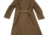 the coat is brown and has buttons on the collar