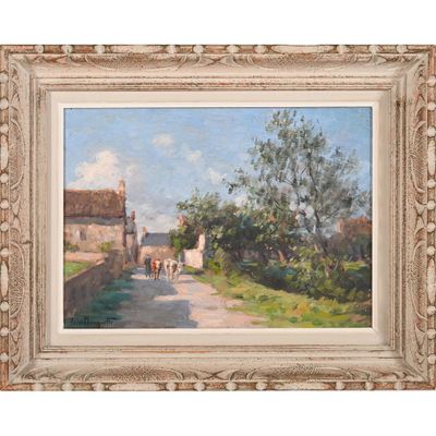 un tableau représentant une route de campagne sur laquelle marchent des personnes