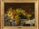 painting of a still life of grapes, apples, and pears on a table