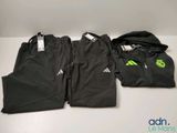 three pairs of adidas tracksuits, one black and one green