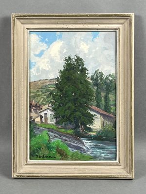 an oil painting of a house by a river with a mountain in the background