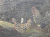 a painting of a group of chickens in a barn