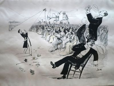 a drawing of a man sitting on a chair in front of a crowd