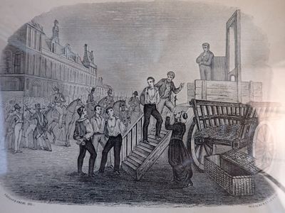illustration représentant un groupe d'hommes rassemblés autour d'une charrette, sur laquelle se tient un homme debout
