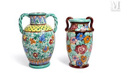 two colorful vases with handles are sitting side by side on a white surface