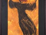 tableau représentant une femme en robe noire tenant un parapluie rouge
