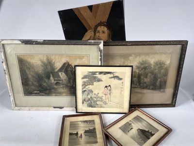 three framed photographs of a woman and a man in a landscape