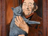 painting of an old man holding a blue cat in his arms