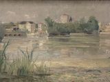a painting of a river scene with buildings in the background