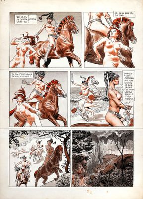 an old comic strip of a woman riding a horse and a man riding a horse