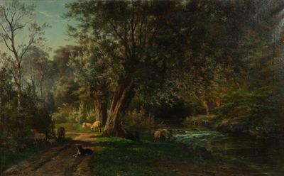 un tableau représentant une route de campagne avec des vaches au loin