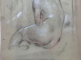 drawing of a nude woman sitting on a bed in a room