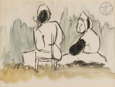 drawing of two people sitting on a chair with a peace sign in the background