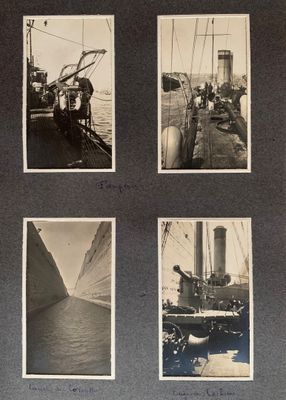 four black and white photographs of a ship in the water