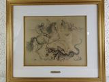 framed drawing of a man riding a horse with a woman riding a horse