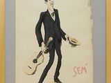 tableau représentant un homme en costume tenant un chapeau et une guitare
