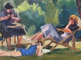 a painting of a woman sitting in a chair with two children