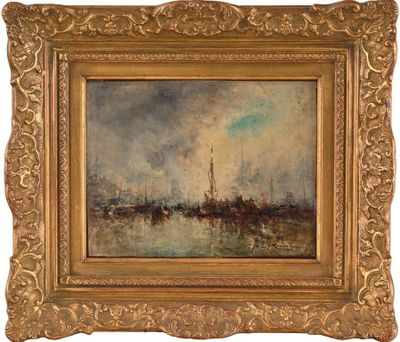 une peinture à l'huile représentant des bateaux sur un plan d'eau, avec le ciel en arrière-plan