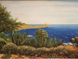 an oil painting of a view of the ocean from a hill