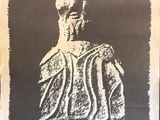 une affiche représentant la statue d'un homme accrochée à un mur