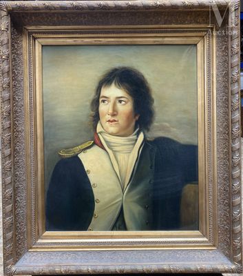 une peinture à l'huile représentant un homme en uniforme militaire, dans un cadre doré