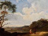 un tableau représentant un homme et une femme assis sur une colline
