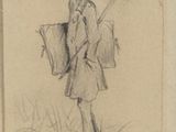 an old drawing of a man in a hat and coat holding a bag