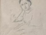 an old drawing of a woman with a hat on her head