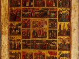 une vieille peinture représentant un mur orné de nombreuses icônes religieuses