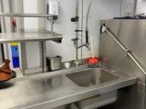 a kitchen with a sink and a counter with a bowl on it