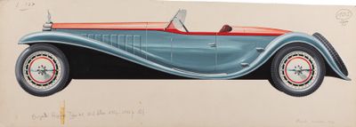 dessin d'une voiture de sport bleue et rouge avec un toit rouge