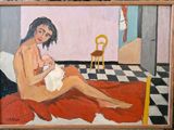 un tableau représentant une femme assise sur un lit, tenant un bébé dans ses bras