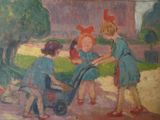 a painting of three children playing with a stroller