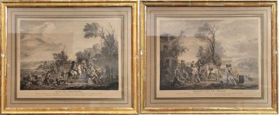 two framed pictures of a painting of a man on horseback and a woman on horseback