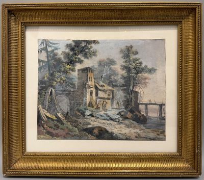 une vieille peinture représentant une maison dans un environnement boisé, avec des arbres