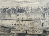 a drawing of a boat in the water near a building
