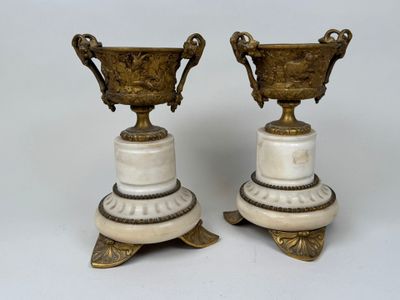pair of antique brass and marble vases on pedestals