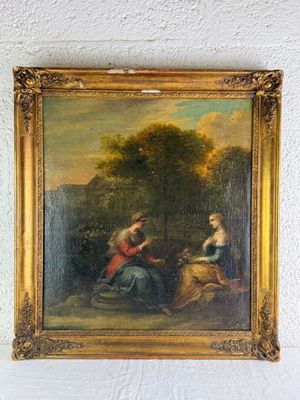 une peinture à l'huile représentant deux femmes assises sur un banc devant un mur blanc