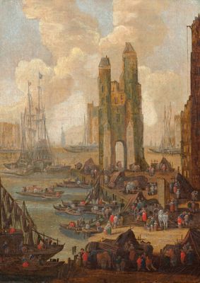 tableau représentant une vue d'un port avec des bateaux et des personnes sur le rivage