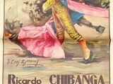 affiche annonçant une corrida dans une ville espagnole, sur laquelle on voit un taureau en train de courir après un autre taureau
