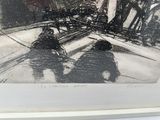a black and white drawing of two people sitting on a bench