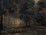 a painting of a boat on the water with people on it