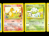 four different pokemon cards are shown on a black background